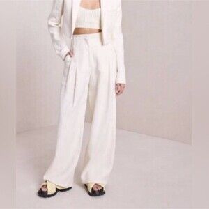 The Frankie Shop High Rise Wide Leg Pleated Trouser Pants Ivory Linen Medium
